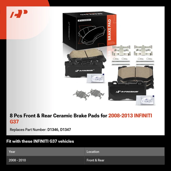 8 Pcs Front & Rear Ceramic Brake Pads for 2008-2013 INFINITI G37