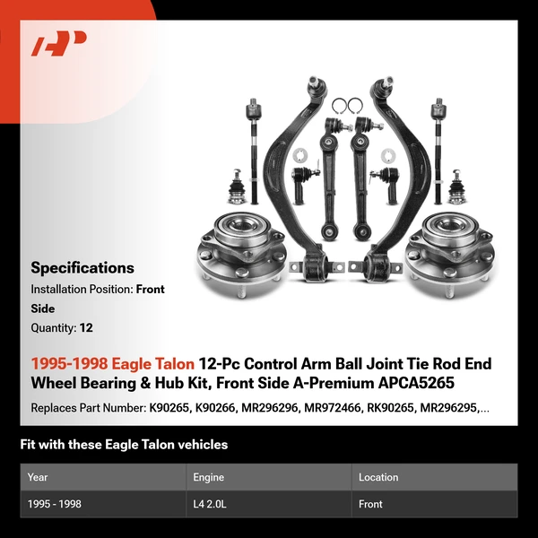 1995-1998 Eagle Talon 12-Pc Control Arm Ball Joint Tie Rod End Wheel Bearing & Hub Kit, Front Side A-Premium APCA5265