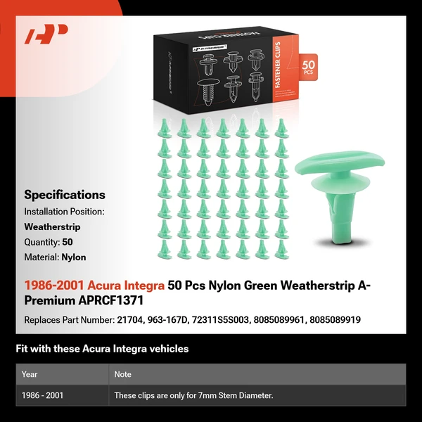 1986-2001 Acura Integra 50 Pcs Nylon Green Weatherstrip A-Premium APRCF1371
