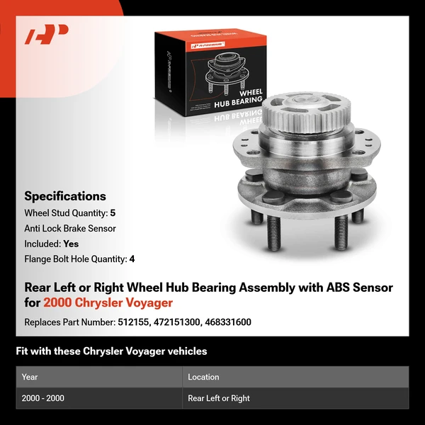 Rear Left or Right Wheel Hub Bearing Assembly with ABS Sensor for 2000 Chrysler Voyager