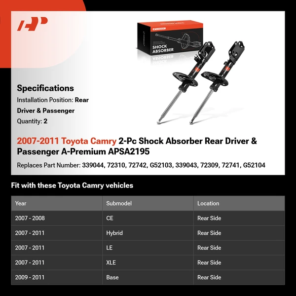 2007-2011 Toyota Camry 2-Pc Shock Absorber Rear Driver & Passenger A-Premium APSA2195