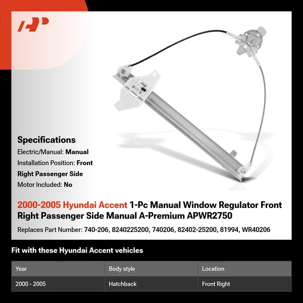 2000-2005 Hyundai Accent 1-Pc Manual Window Regulator Front Right Passenger Side Manual A-Premium APWR2750