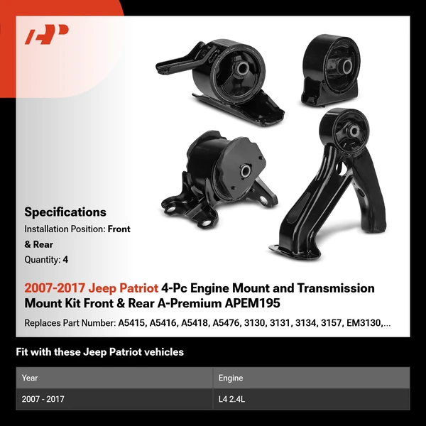 2007-2017 Jeep Patriot 4-Pc Engine Mount and Transmission Mount Kit Front & Rear A-Premium APEM195
