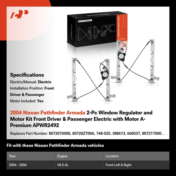 2004 Nissan Pathfinder Armada 2-Pc Window Regulator and Motor Kit Front Driver & Passenger Electric with Motor A-Premium APWR2492