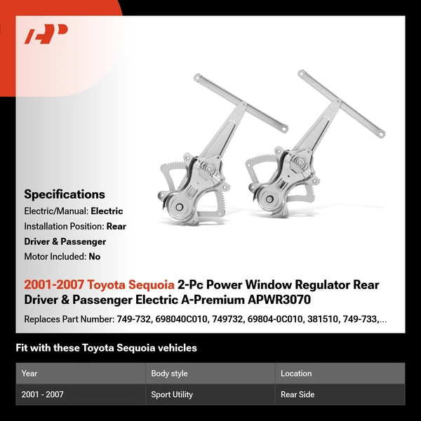 2001-2007 Toyota Sequoia 2-Pc Power Window Regulator Rear Driver & Passenger Electric A-Premium APWR3070