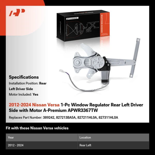 2012-2024 Nissan Versa 1-Pc Window Regulator Rear Left Driver Side with Motor A-Premium APWR3367TW