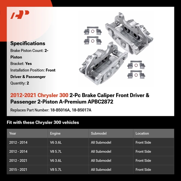 2012-2021 Chrysler 300 2-Pc Brake Caliper Front Driver & Passenger 2-Piston A-Premium APBC2872