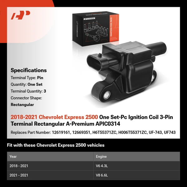 2018-2021 Chevrolet Express 2500 One Set-Pc Ignition Coil 3-Pin Terminal Rectangular A-Premium APIC0314