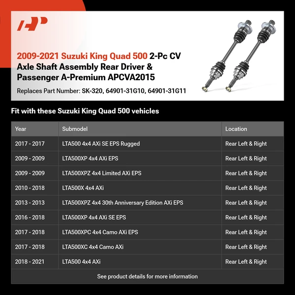 2009-2021 Suzuki King Quad 500 2-Pc CV Axle Shaft Assembly Rear Driver & Passenger A-Premium APCVA2015