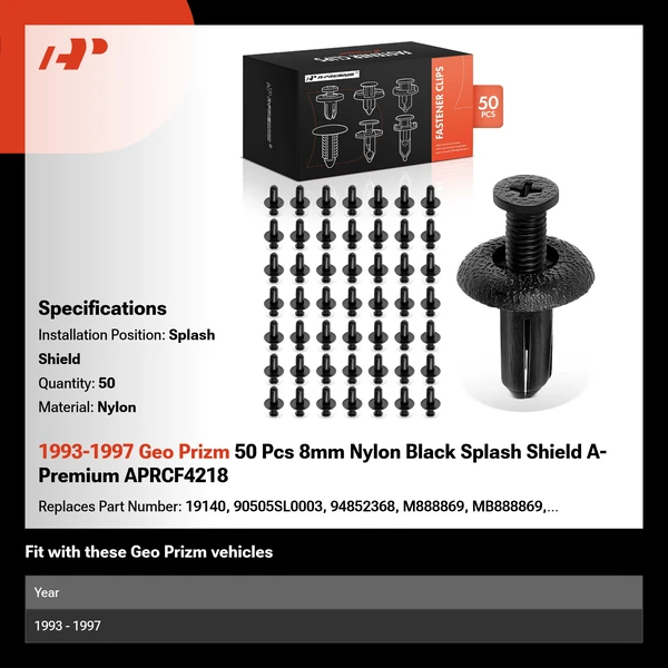 1993-1997 Geo Prizm 50 Pcs 8mm Nylon Black Splash Shield A-Premium APRCF4218