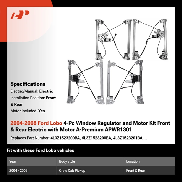 2004-2008 Ford Lobo 4-Pc Window Regulator and Motor Kit Front & Rear Electric with Motor A-Premium APWR1301