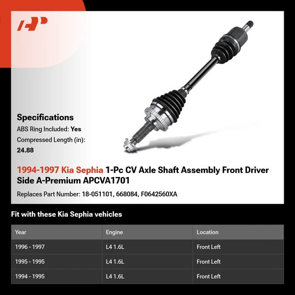 1994-1997 Kia Sephia 1-Pc CV Axle Shaft Assembly Front Driver Side A-Premium APCVA1701