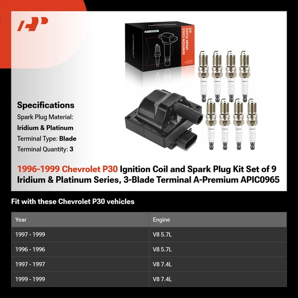 1996-1999 Chevrolet P30 Ignition Coil and Spark Plug Kit Set of 9 Iridium & Platinum Series, 3-Blade Terminal A-Premium APIC0965