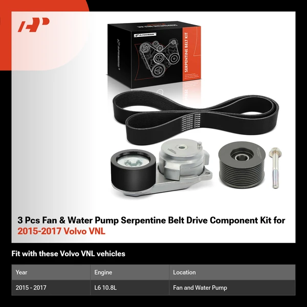 3 Pcs Fan & Water Pump Serpentine Belt Drive Component Kit for 2015-2017 Volvo VNL