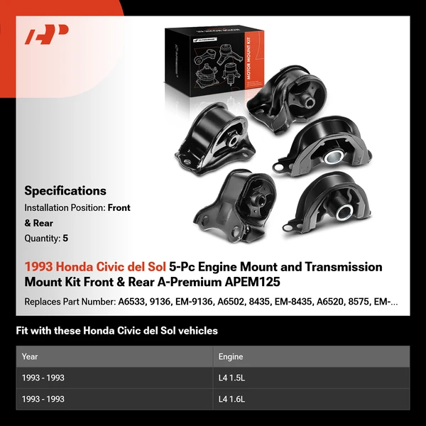 1993 Honda Civic del Sol 5-Pc Engine Mount and Transmission Mount Kit Front & Rear A-Premium APEM125