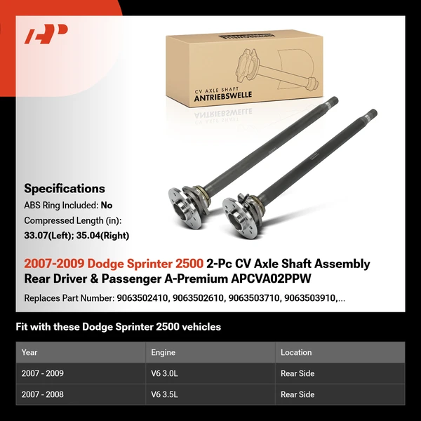 2007-2009 Dodge Sprinter 2500 2-Pc CV Axle Shaft Assembly Rear Driver & Passenger A-Premium APCVA02PPW