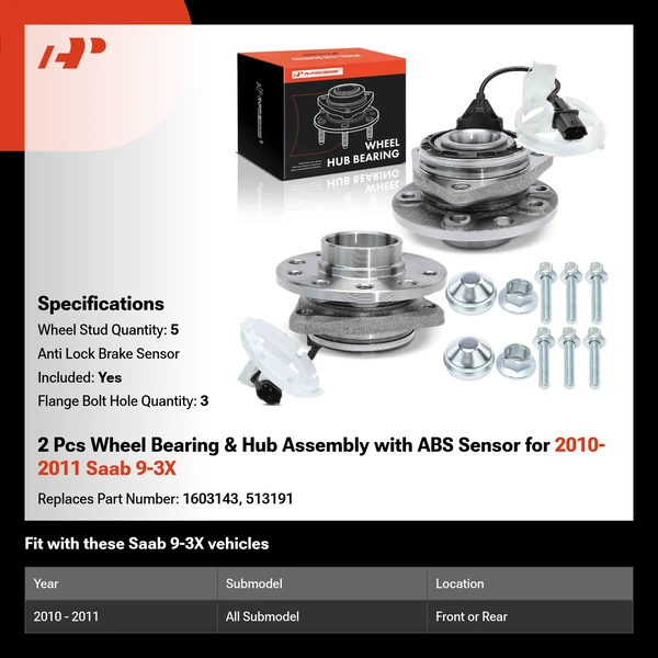 2 Pcs Wheel Bearing & Hub Assembly with ABS Sensor for 2010-2011 Saab 9-3X
