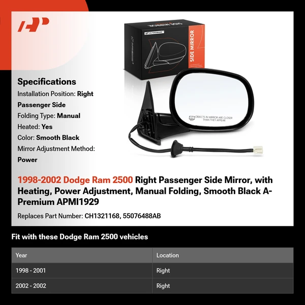 1998-2002 Dodge Ram 2500 Right Passenger Side Mirror, with Heating, Power Adjustment, Manual Folding, Smooth Black A-Premium APMI1929