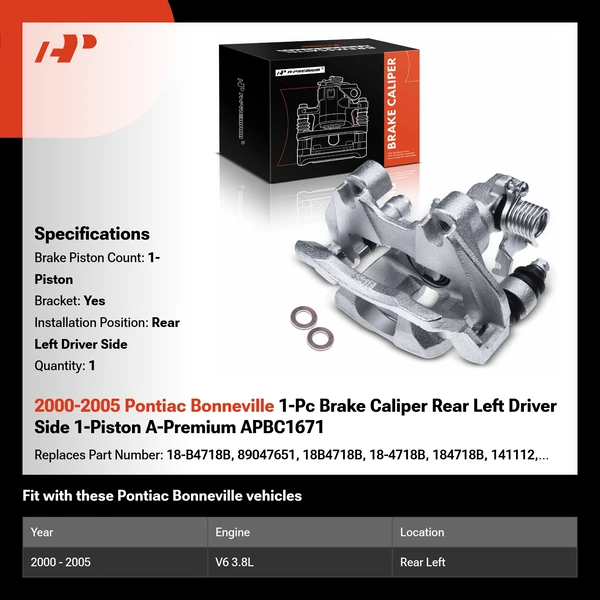 2000-2005 Pontiac Bonneville 1-Pc Brake Caliper Rear Left Driver Side 1-Piston A-Premium APBC1671