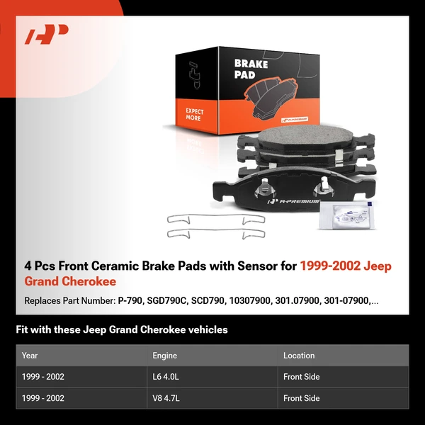 4 Pcs Front Ceramic Brake Pads with Sensor for 1999-2002 Jeep Grand Cherokee