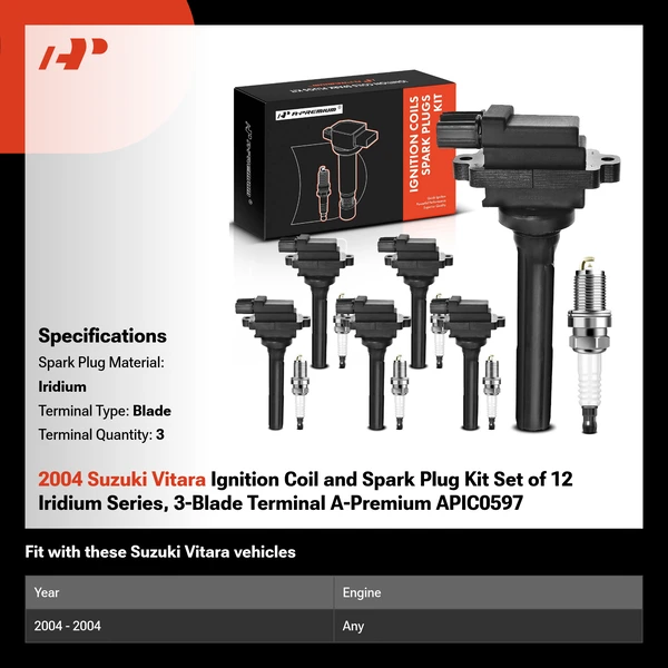 2004 Suzuki Vitara Ignition Coil and Spark Plug Kit Set of 12 Iridium Series, 3-Blade Terminal A-Premium APIC0597
