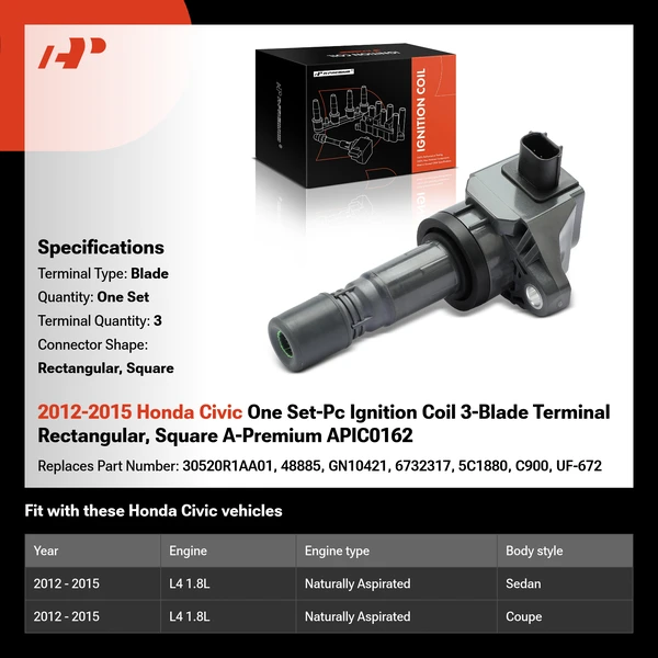 2012-2015 Honda Civic One Set-Pc Ignition Coil 3-Blade Terminal Rectangular, Square A-Premium APIC0162