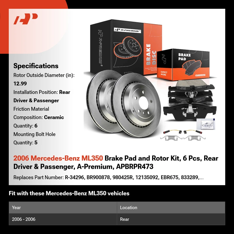 2006 Mercedes-Benz ML350 Brake Pad and Rotor Kit, 6 Pcs, Rear Driver & Passenger, A-Premium, APBRPR473