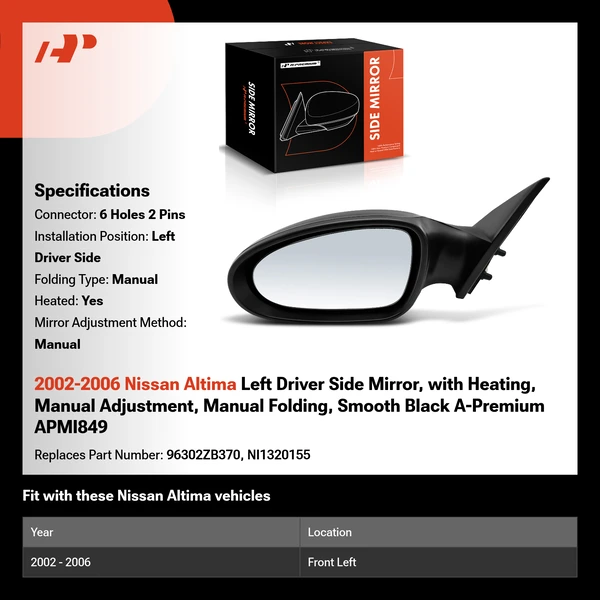2002-2006 Nissan Altima Left Driver Side Mirror, with Heating, Manual Adjustment, Manual Folding, Smooth Black A-Premium APMI849