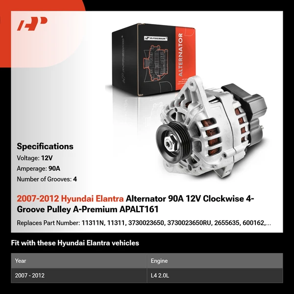 2007-2012 Hyundai Elantra Alternator 90A 12V Clockwise 4-Groove Pulley A-Premium APALT161