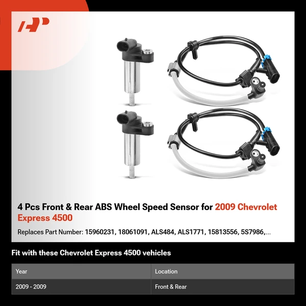 4 Pcs Front & Rear ABS Wheel Speed Sensor for 2009 Chevrolet Express 4500