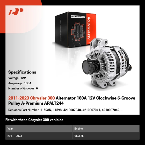 2011-2023 Chrysler 300 Alternator 180A 12V Clockwise 6-Groove Pulley A-Premium APALT244