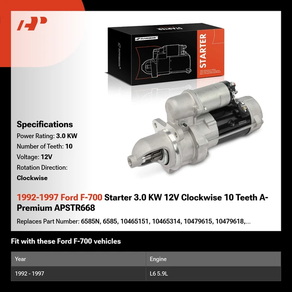1992-1997 Ford F-700 Starter 3.0 KW 12V Clockwise 10 Teeth A-Premium APSTR668