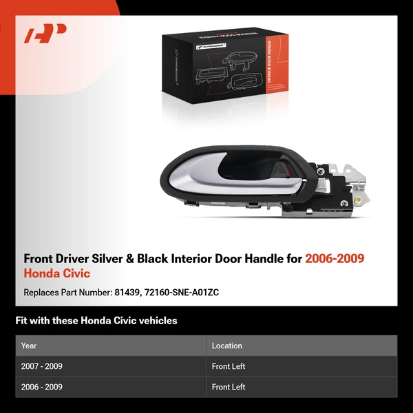 Front Driver Silver & Black Interior Door Handle for 2006-2009 Honda Civic