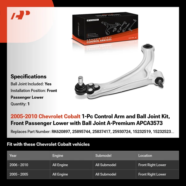 2005-2010 Chevrolet Cobalt 1-Pc Control Arm and Ball Joint Kit, Front Passenger Lower with Ball Joint A-Premium APCA3573