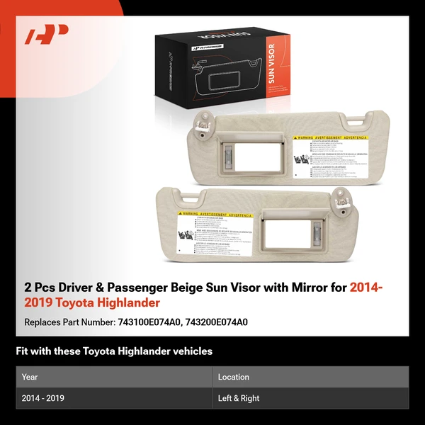 2 Pcs Driver & Passenger Beige Sun Visor with Mirror for 2014-2019 Toyota Highlander