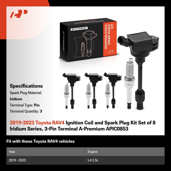 2019-2023 Toyota RAV4 Ignition Coil and Spark Plug Kit Set of 8 Iridium Series, 3-Pin Terminal A-Premium APIC0853