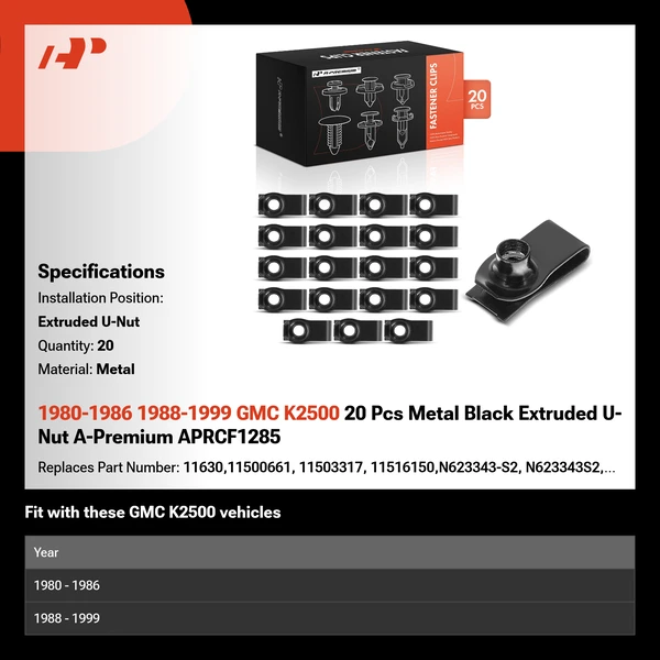 1980-1986 1988-1999 GMC K2500 20 Pcs Metal Black Extruded U-Nut A-Premium APRCF1285