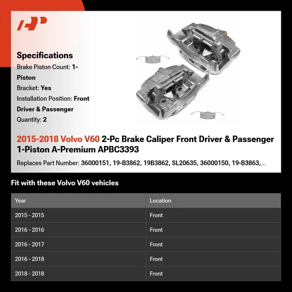 2015-2018 Volvo V60 2-Pc Brake Caliper Front Driver & Passenger 1-Piston A-Premium APBC3393