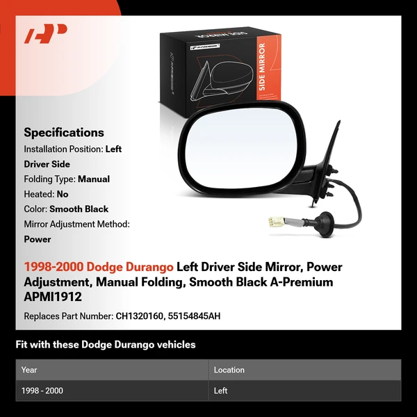 1998-2000 Dodge Durango Left Driver Side Mirror, Power Adjustment, Manual Folding, Smooth Black A-Premium APMI1912
