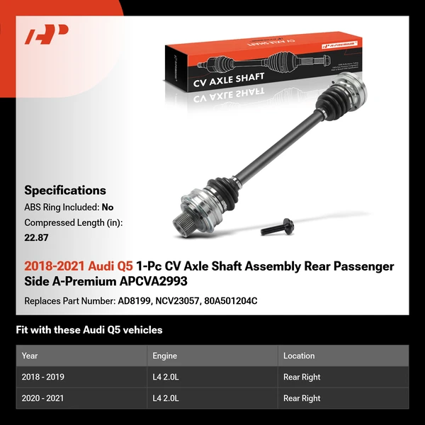 2018-2021 Audi Q5 1-Pc CV Axle Shaft Assembly Rear Passenger Side A-Premium APCVA2993