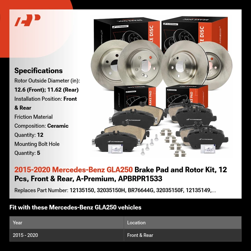 2015-2020 Mercedes-Benz GLA250 Brake Pad and Rotor Kit, 12 Pcs, Front & Rear, A-Premium, APBRPR1533
