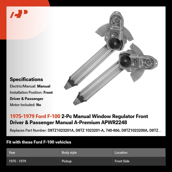 1975-1979 Ford F-100 2-Pc Manual Window Regulator Front Driver & Passenger Manual A-Premium APWR2248