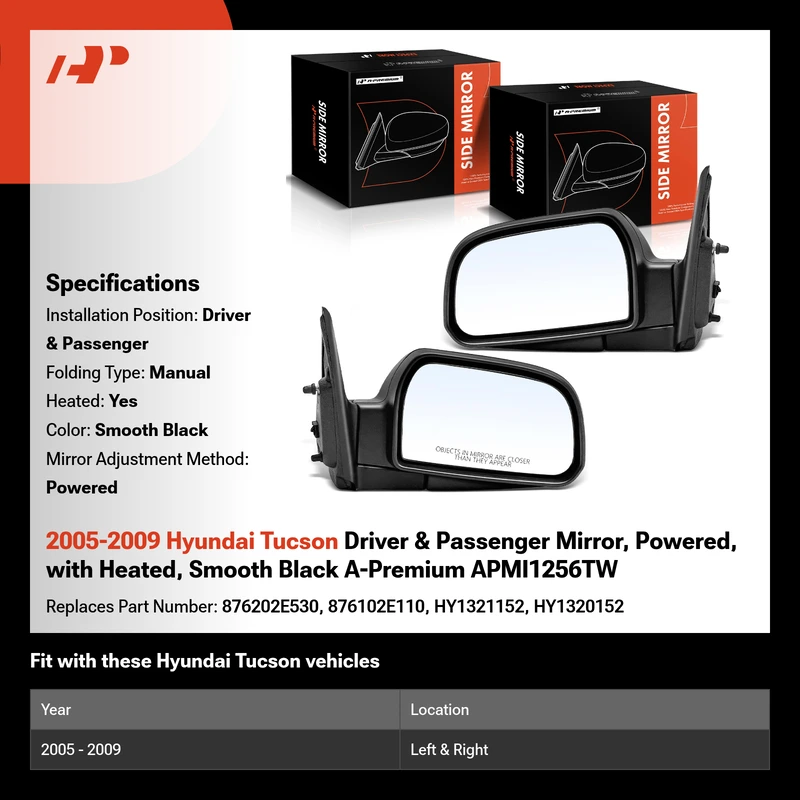 2005-2009 Hyundai Tucson Driver & Passenger Mirror, Powered, with Heated, Smooth Black A-Premium APMI1256TW