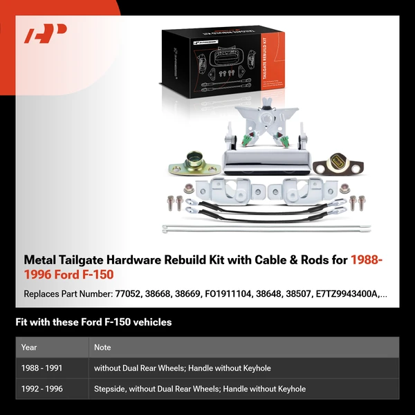 Metal Tailgate Hardware Rebuild Kit with Cable & Rods for 1988-1996 Ford F-150