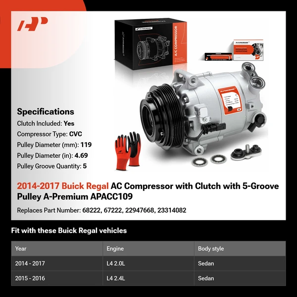 2014-2017 Buick Regal AC Compressor with Clutch with 5-Groove Pulley A-Premium APACC109