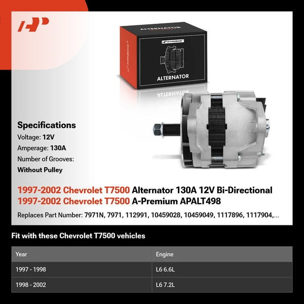 1997-2002 Chevrolet T7500 Alternator 130A 12V Bi-Directional 1997-2002 Chevrolet T7500 A-Premium APALT498