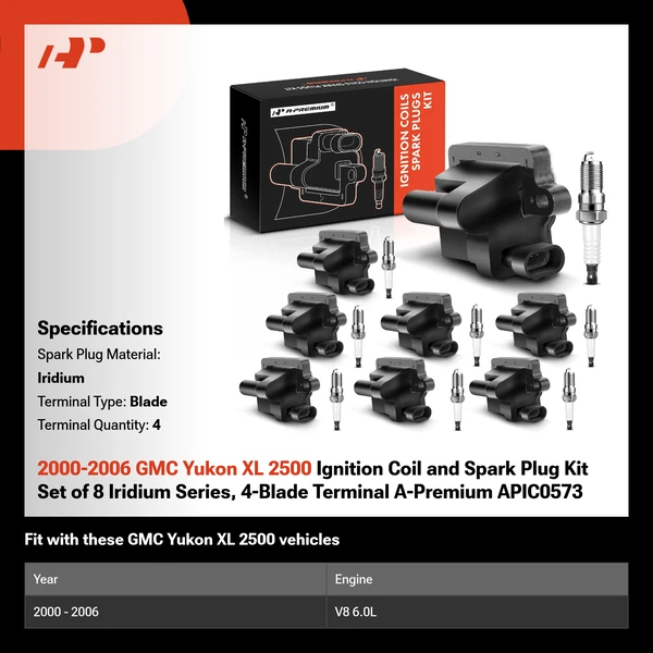 2000-2006 GMC Yukon XL 2500 Ignition Coil and Spark Plug Kit Set of 8 Iridium Series, 4-Blade Terminal A-Premium APIC0573