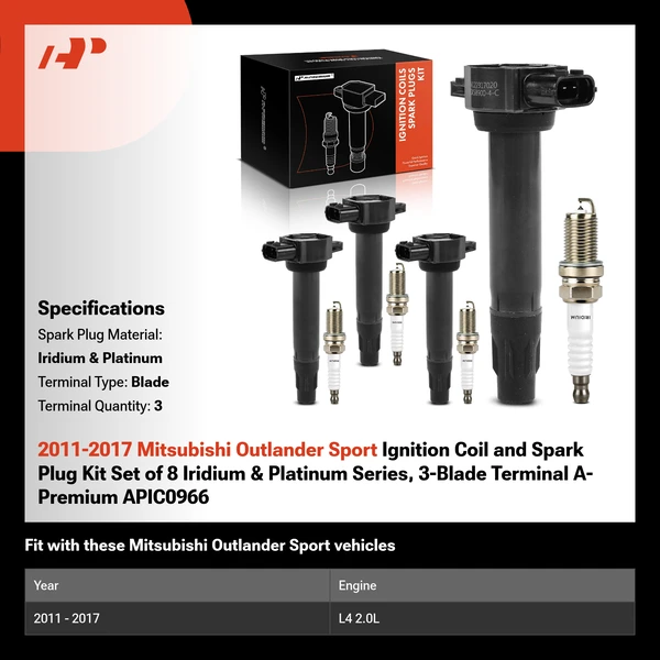 2011-2017 Mitsubishi Outlander Sport Ignition Coil and Spark Plug Kit Set of 8 Iridium & Platinum Series, 3-Blade Terminal A-Premium APIC0966
