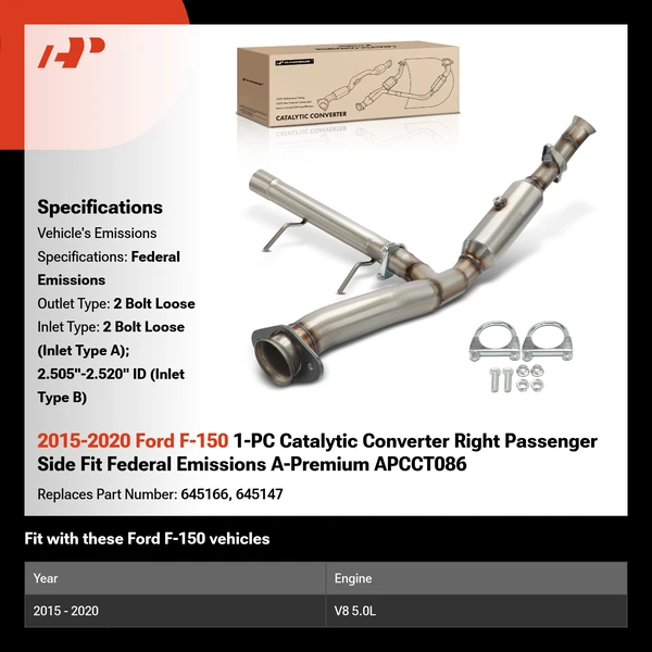 2015-2020 Ford F-150 1-PC Catalytic Converter Right Passenger Side Fit Federal Emissions A-Premium APCCT086