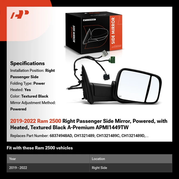 2019-2022 Ram 2500 Right Passenger Side Mirror, Powered, with Heated, Textured Black A-Premium APMI1449TW